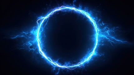 Stunning photo of electric blue lightning frame with plasma portal on dark background. Round glowing sphere with neon strikes. Energy circle border with flash spark effects.