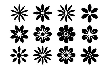 Collection of Twelve Black Flower Silhouettes in Various Styles Vector Art for Graphic Design and Creative Projects