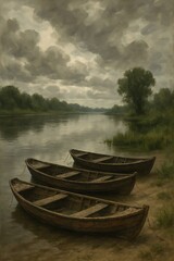 Obraz premium Three old wooden rowboats on the riverbank under a cloudy sky