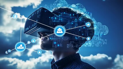 Person using virtual reality headset outdoors with technology graphics and clouds in the background - Powered by Adobe