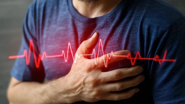 Heart pain: individual clutches chest, symbolizing cardiovascular distress, cardiac arrest, chest discomfort, heart condition, ischemic illness, circulatory system issues, myocardial infarction.