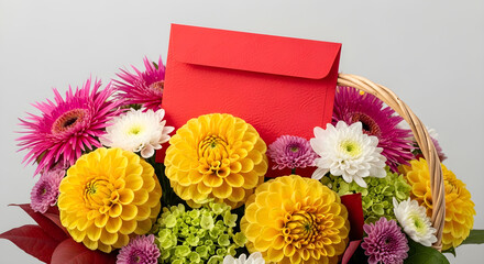 Vibrant Bouquet of Mixed Flowers in Basket with Red Envelope