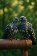 Obraz premium Two pigeons perched on a metal bar in a natural environment