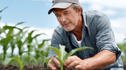 Fototapeta premium Farmer is planting corn seeds, tending to crops, and touching young corn stalks in a lush field with clear skies above