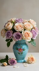 Elegant arrangement of pink and purple roses in a decorative vase with delicate petals