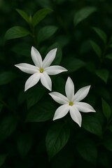 Fototapeta premium Close up of two white jasmine flowers with green leaves in the garden