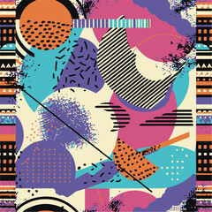  Abstract Geometric Seamless Pattern with Retro Shapes Colorful 80s Memphis Style Background
