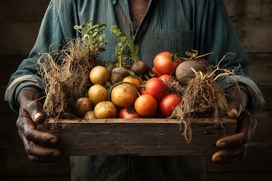 A farmer proudly presents a wooden crate filled with freshly harvested tomatoes, potatoes, beets, and herbs. - Powered by Adobe