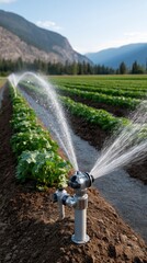 Rows of green plants are being watered by sprinklers under a clear blue sky and the warm glow of late afternoon sunlight