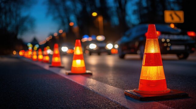 Stunning photo of roadside traffic cones signal DUI checkpoint. Law enforcement control traffic flow on roadway. Cautionary markers direct drivers. Evening light illuminates.
