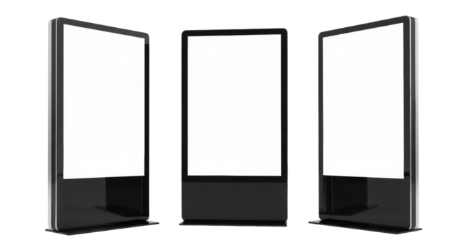 Three sleek black digital signage totems with blank white matte screens, modern minimalist design, isolated on a pristine transparent studio background, high-key, blank slate technology concept