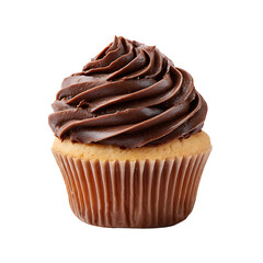 A delicious cupcake with a light cake base and rich chocolate frosting presented against a transparent background enticingly sweet