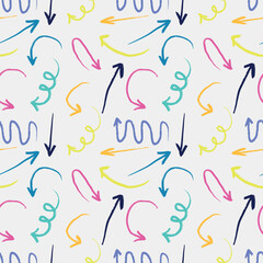 Hand drawn seamless pattern with colorful bright arrows. Vector sketch illustration in crayon doodle style. Business banner, abstract texture for clothes print