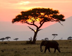 Fototapeta premium Silhouetted elephant at sunrise in savanna