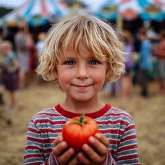 Fototapeta premium Young boy with blonde hair holds a fresh tomato at an outdoor festival