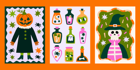 Cutout style Halloween vector posters set. Cute retro groovy fall print designs with skeleton, pumpkin characters, magic potions illustrations in playful frames