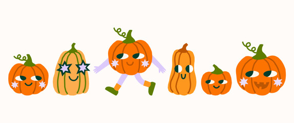 Cute simple Halloween characters vector illustration set. Funny pumpkins clipart