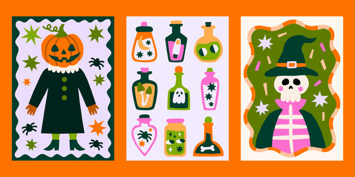 Cutout style Halloween vector posters set. Cute retro groovy fall print designs with skeleton, pumpkin characters, magic potions illustrations in playful frames