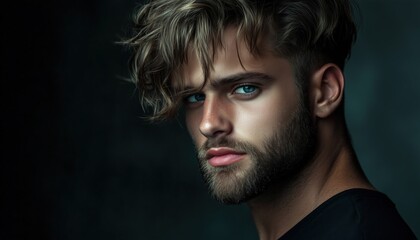 Studio Photography Of A Stylish Young Caucasian Man With A Beard, Showcasing His Handsome Hairstyle Against A Black Background. Template With Copy Space.