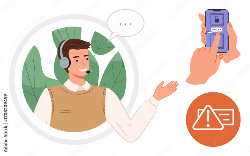 Poster smiling support agent with headset gesturing, mobile phone unlocked by user, warning icon for alert.