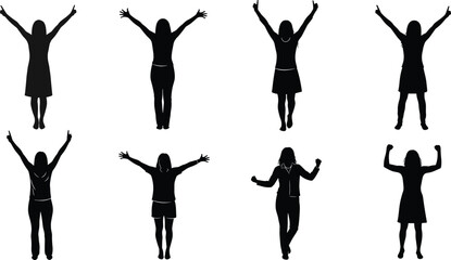Celebration Silhouettes Featuring Professional Women in Victory Poses for Empowerment, Motivation, and Emotionally Expressive Design and Presentation Content