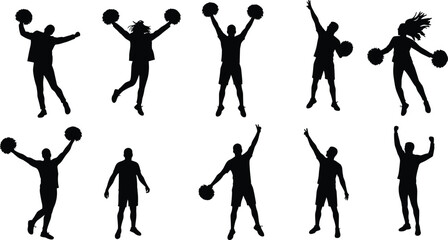 Cheerleader Silhouettes Featuring Pom-Pom Dance and Jumping Poses for Sports, Celebration, Youth, and Performance-Themed Design Content