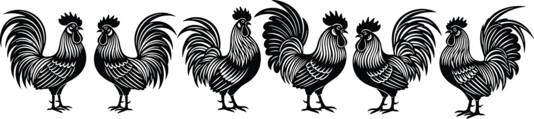 Vintage rooster silhouette illustration set, farm animal design, crowing chickens artwork, rustic barnyard poultry graphic, black and white decorative clipart