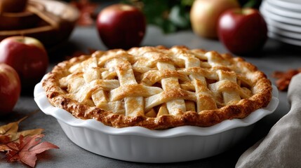 Freshly baked apple pie sits elegantly on a wicker stand, surrounded by vibrant apples and colorful autumn leaves, inviting taste