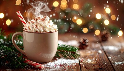 Closeup of a mug of festive hot cocoa chocolate topped with whipped cream and a candy cane, on a christmas background wallpaper with twinkling lights, Xmas trees and snow