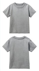 Stunning photo of blank gray kids t-shirt mockup front, back view. Isolated on white background. Studio shot of plain gray shirt. Casual attire. Empty template.