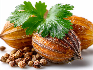 coriander seeds on white background