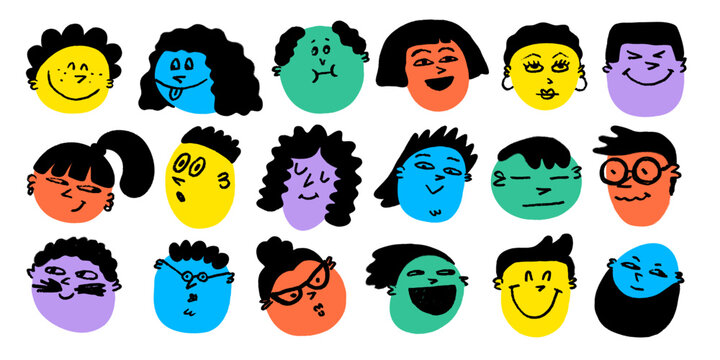 Emoji face doodle set with crayon pencil style and chalk texture. Crayon emoji and doodle faces with smile. Great for stickers, posters, cards, vector prints.