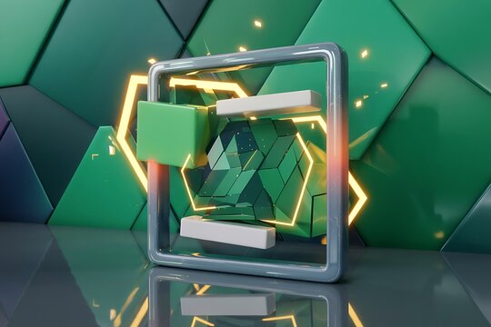 Abstract 3d geometric shapes with glowing neon light and green background