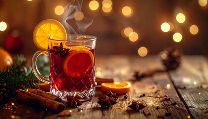 Closeup of a glass of festive mulled wine with cinnamon stick, star anise spices and orange slices, on a christmas background wallpaper with fairy lights and glowing candles