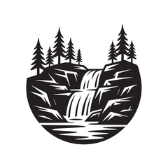 Stylized illustration of a waterfall cascading over rocks with pine trees, depicting a serene natural landscape technology background