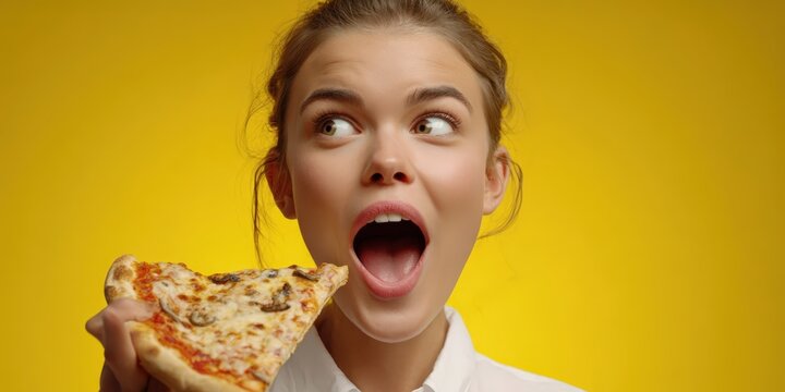 Hungry Student Excitedly Opens Mouth for Pizza Against Bright Yellow Background