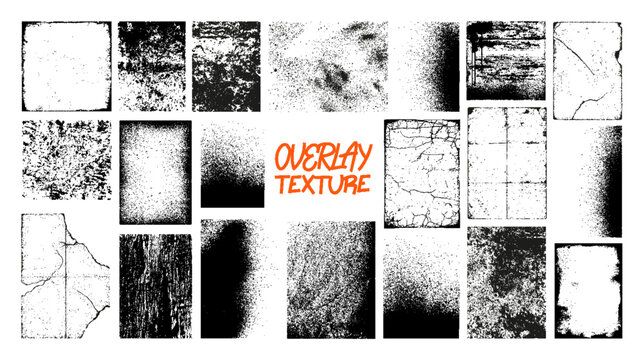 Different types overlay texture, stamps (grunge, dust, old paper, grain, torn, worn, concrete, spray, ink splashes) Overlay texture stamps for old effect. Grunge frames with spray. Vector graphic set