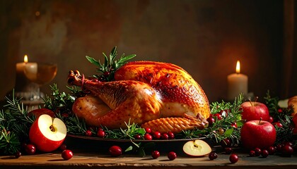 a roasted turkey garnished with cranberries, apples, and rosemary on a platter. Two candles are lit on either side of the turkey, creating a warm and inviting atmosphere