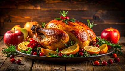 a roasted turkey on a platter, decorated with herbs, berries, and lemon slices. Apples are arranged around the turkey on a rustic wooden table