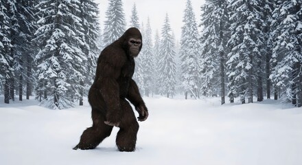 Yeti in snow covered pine woods during cold winter day