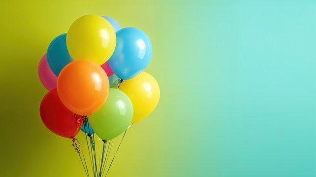Un racimo vibrante de globos flotando contra un fondo verde esmeralda.