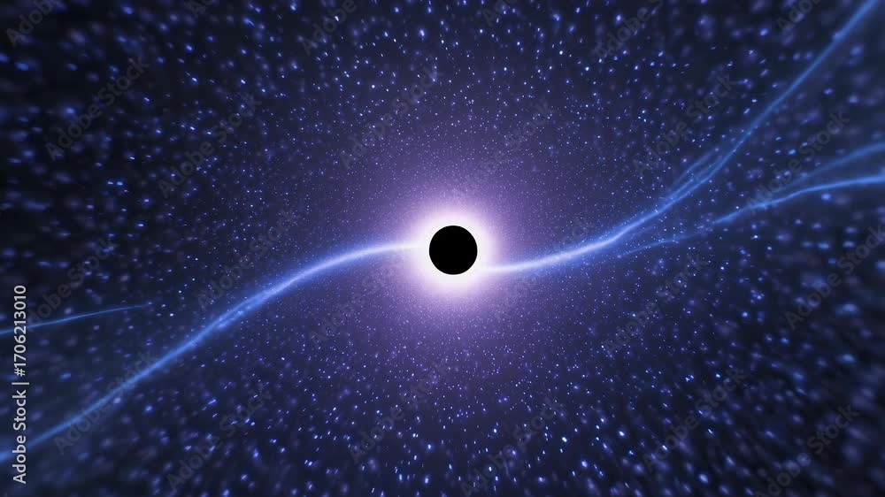 Poster cosmic simulation of a black hole surrounded by moving stars and cosmic light, creating a mesmerizin