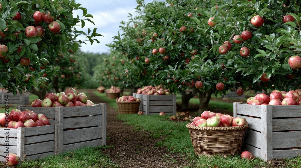 Poster apple trees heavy with red fruit align along a peaceful path, while wooden crates overflow with fres