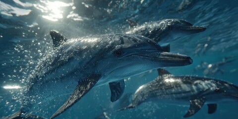 Fototapeta premium Pod of Pantropical Dolphins Swimming in Ocean