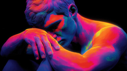 Vibrant neon colors on pensive young man in artistic lighting