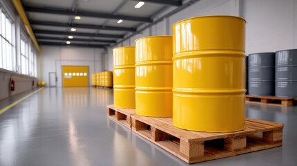 Yellow metal barrel on wooden pallet in clean indoor fuel storage room, industrial warehouse, safety, bright lighting