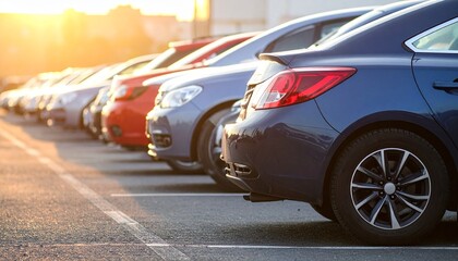 Row of parked modern cars along sunlit street—silver sedan in foreground, long shadows and warm glow suggest early morning or late afternoon in urban setting.
