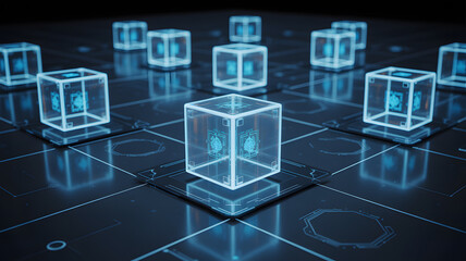 A grid of translucent cubes with blue interior designs on a dark surface with geometric patterns