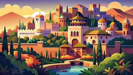 Alhambra, Generalife, and Albayzín, Granada, Spain, showcase Islamic art and Renaissance harmony, their ornate courtyards, fountains, and gardens shimmering beneath Andalusia’s warm golden light.