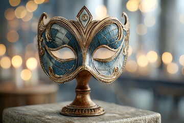 venetian masquerade mask on a velvet cushion atop a carved pedestal